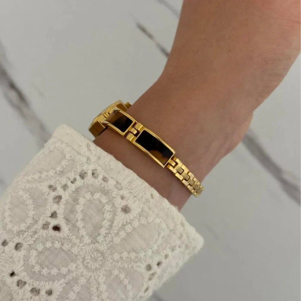 Sku‎ : 0451 cute gold mini watch bracelet with brown Inserts with marble pattern